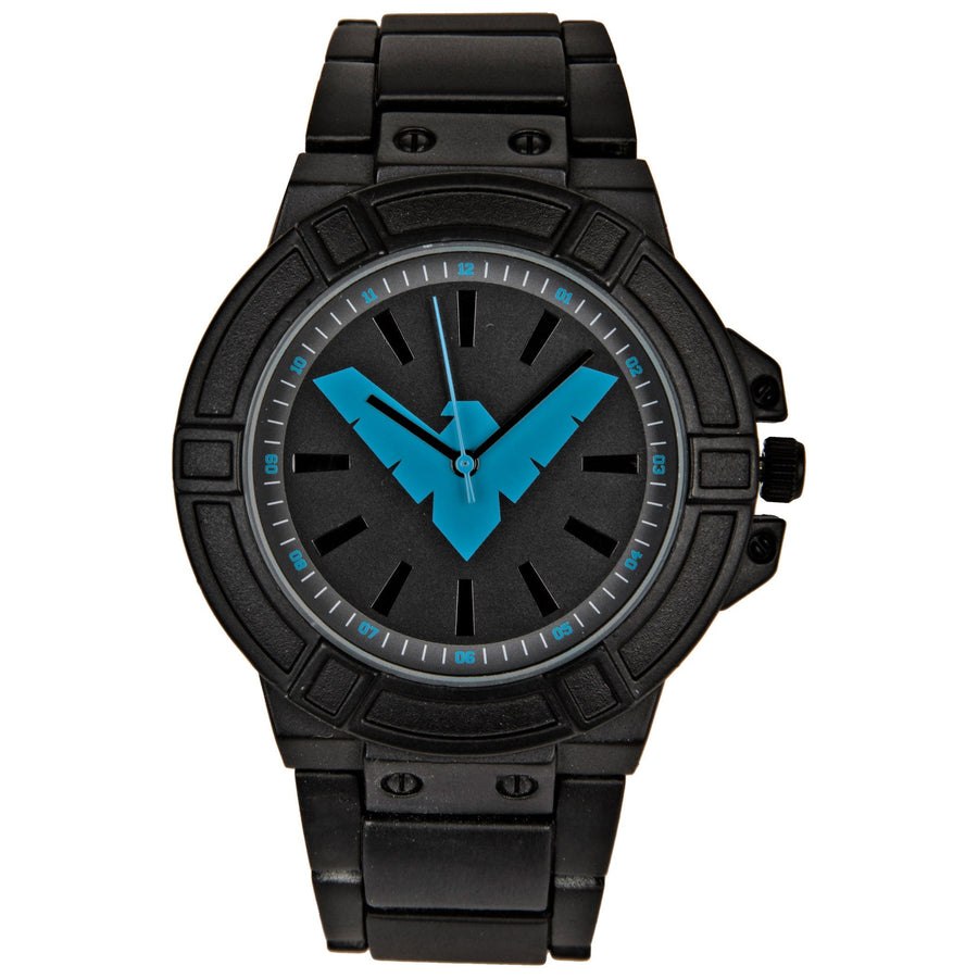 title:DC Comics Nightwing Classic Symbol Watch Face with Black Metal Band;color:Black
