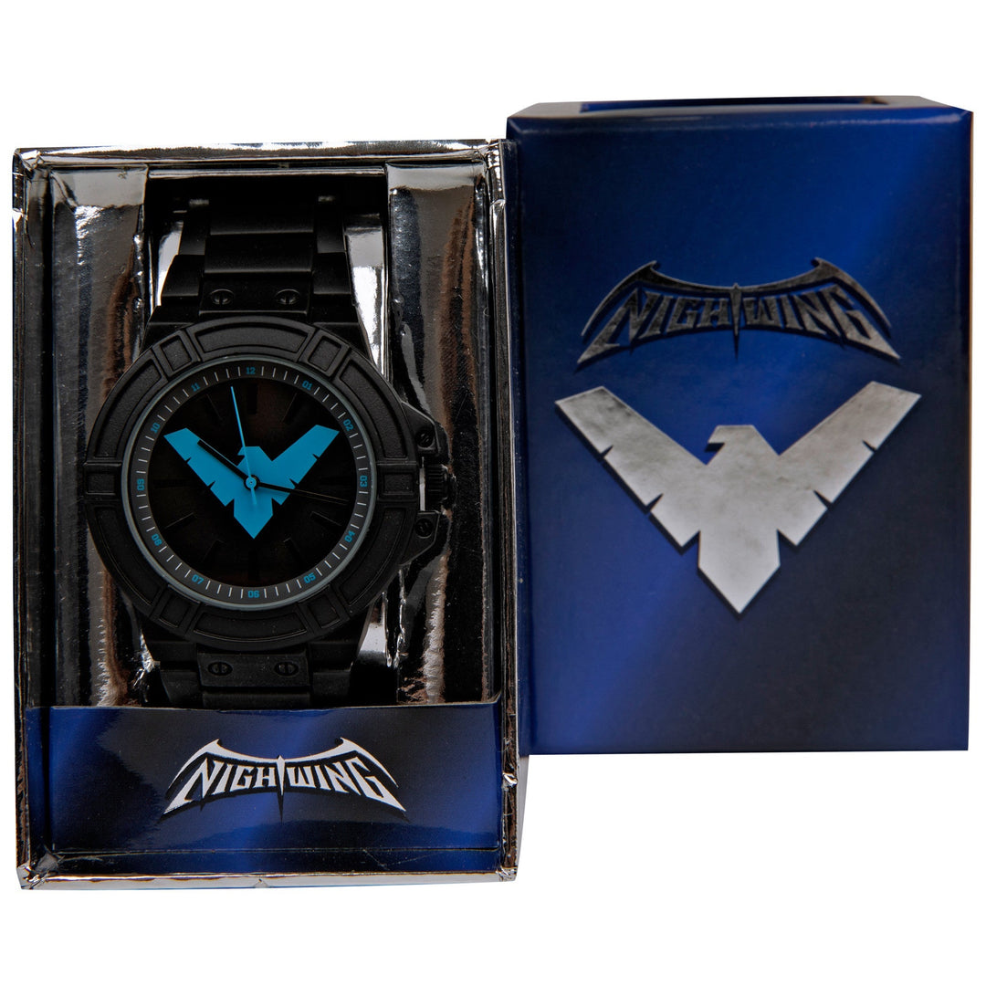 DC Comics Nightwing Classic Symbol Watch Face with Black Metal Band