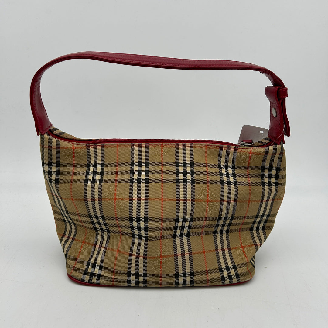 Burberry House Check Beige Red Leather Trim Handbag Medium