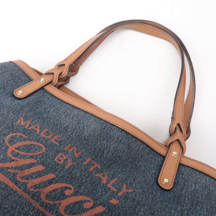 GUCCI Craft Denim Leather Tote Bag Hand Bag Navy Brown 348715