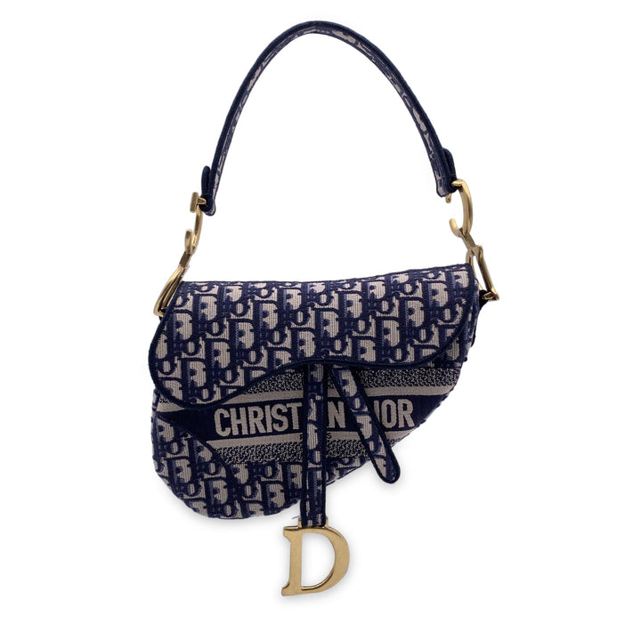 CHRISTIAN Top quality Dior Blue Jacquard Oblique Canvas Embroidery Saddle Bag