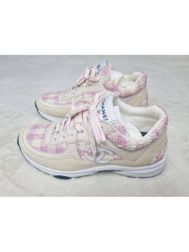 CC Logo Cotton Tweed Suede Calfskin Low Top Sneakers Pink Ecru Chanel