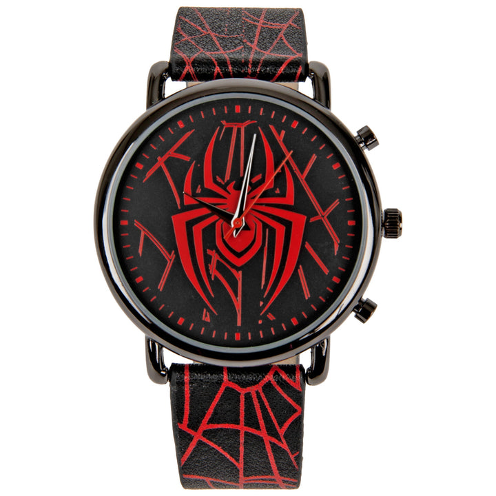 title:Spider-Man Symbol and Webbing Watch with Faux Leather Strap;color:Black