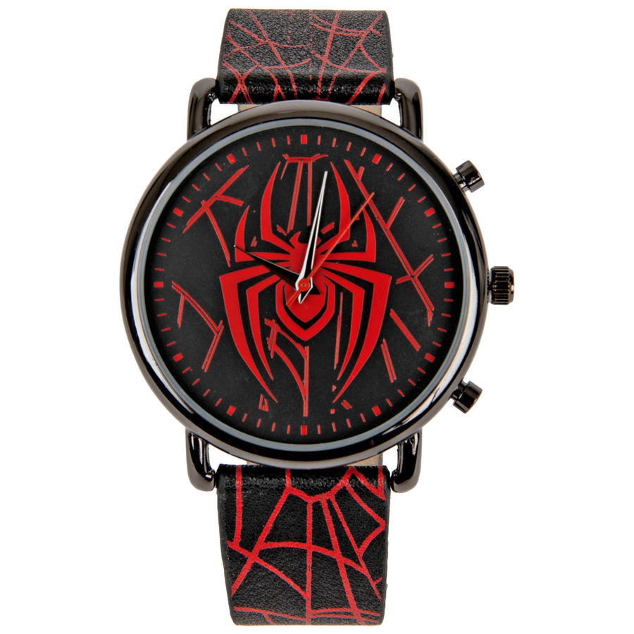 title:Spider-Man Symbol and Webbing Watch with Faux Leather Strap;color:Black