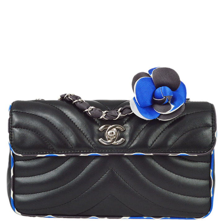 Top Quality Chanel Black Lambskin Camellia Straight Flap Shoulder Bag