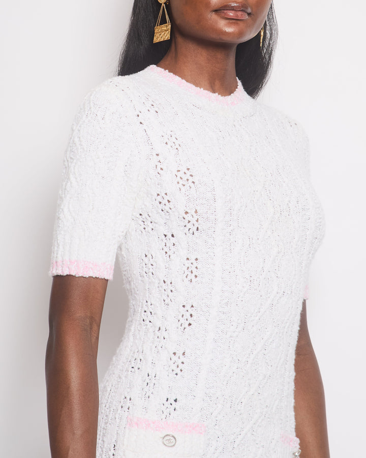 *HOT* Top Quality Chanel 24P Cream Short Sleeve Knitted Mini Dress with CC Logo Buttons and Pink Hem Details Size FR 36 (UK 8)