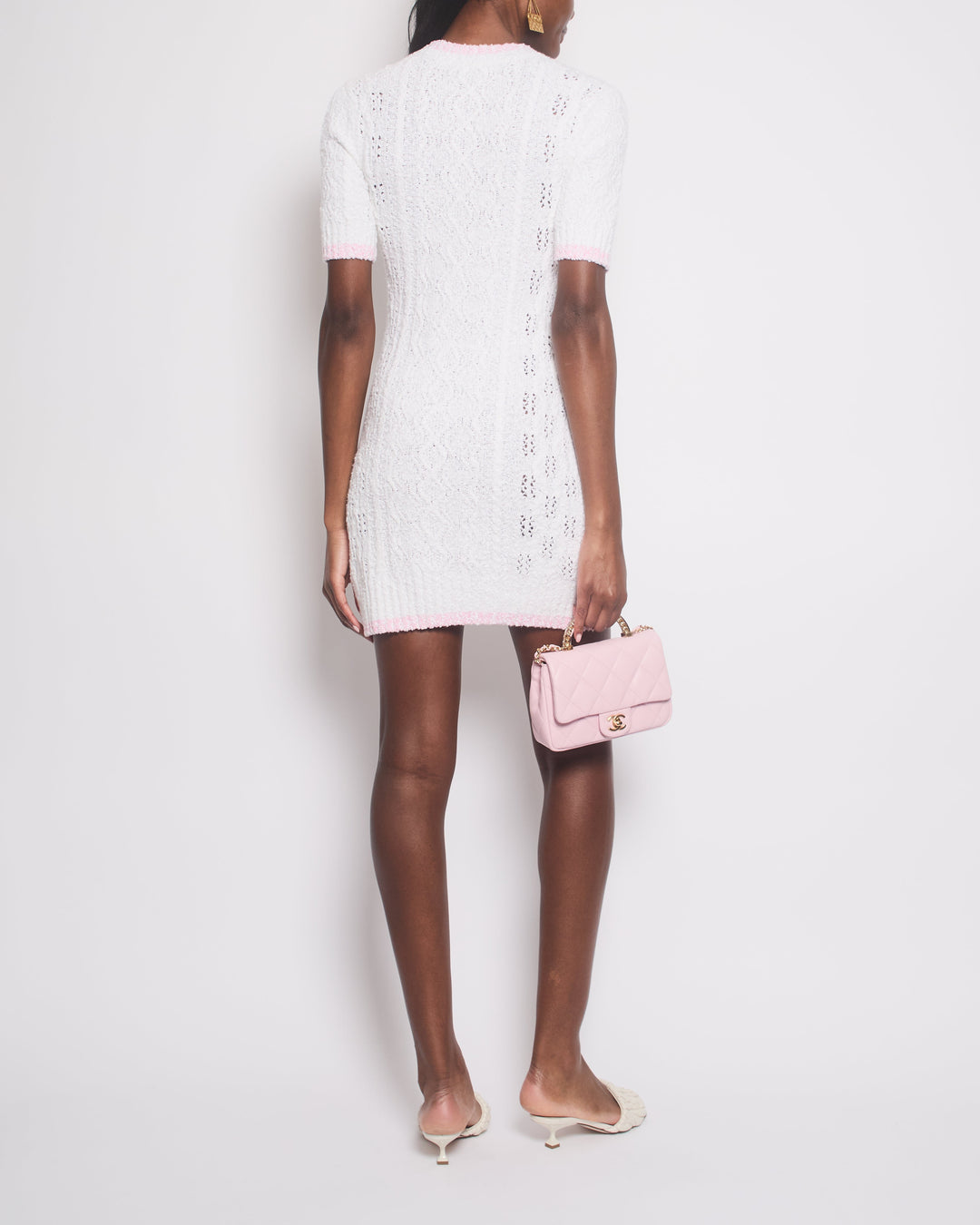 *HOT* Top Quality Chanel 24P Cream Short Sleeve Knitted Mini Dress with CC Logo Buttons and Pink Hem Details Size FR 36 (UK 8)