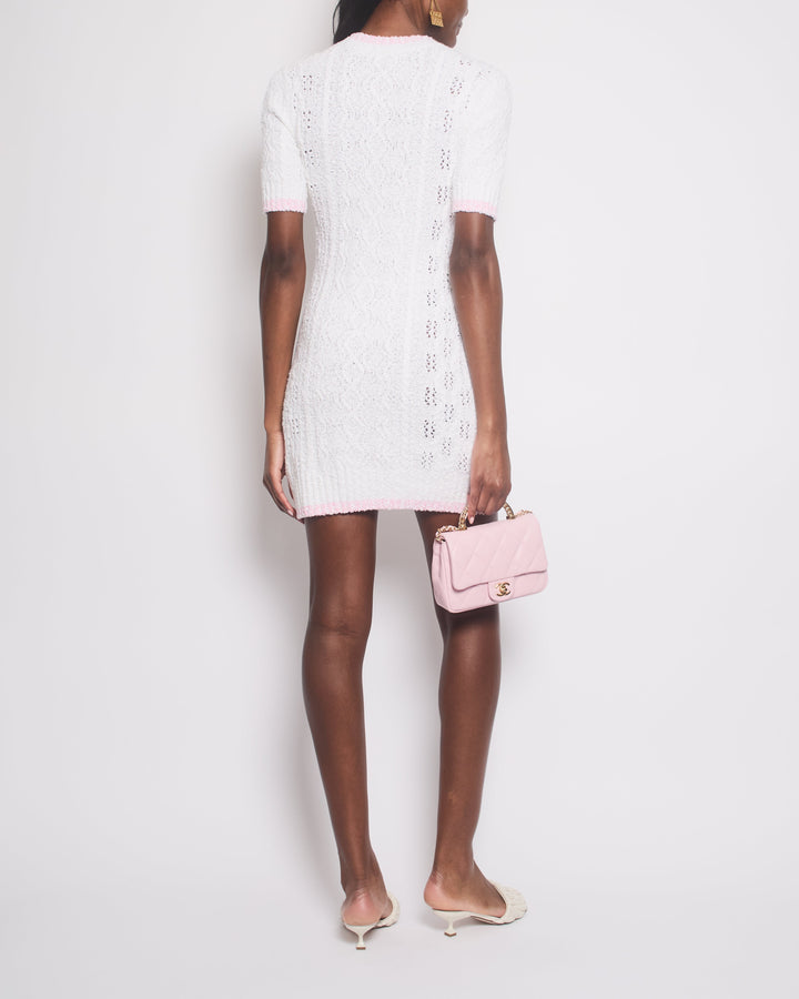 *HOT* Top Quality Chanel 24P Cream Short Sleeve Knitted Mini Dress with CC Logo Buttons and Pink Hem Details Size FR 36 (UK 8)