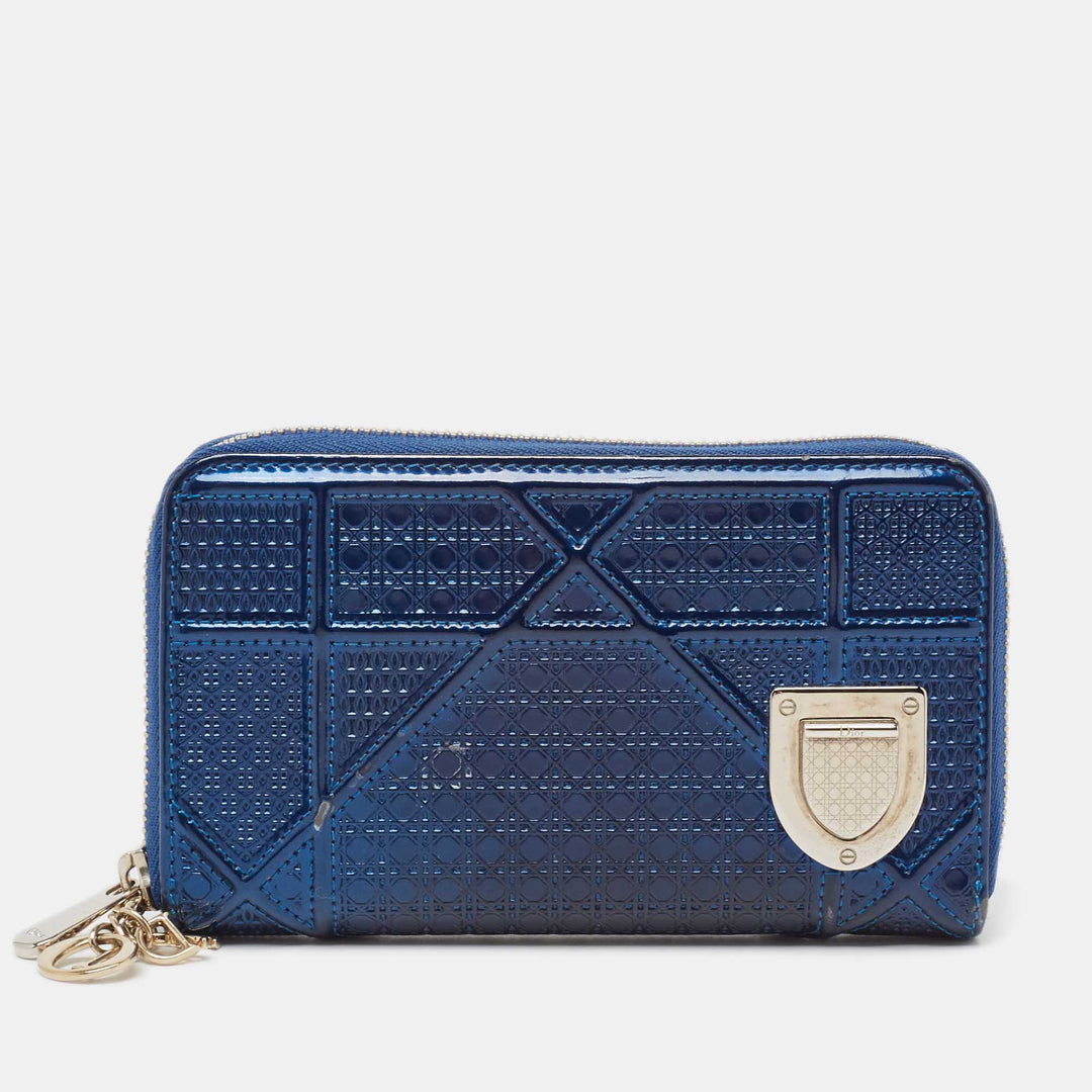 Top quality Dior Blue Micro Cannage Patent Leather Top quality Diorama Zip Around Wallet