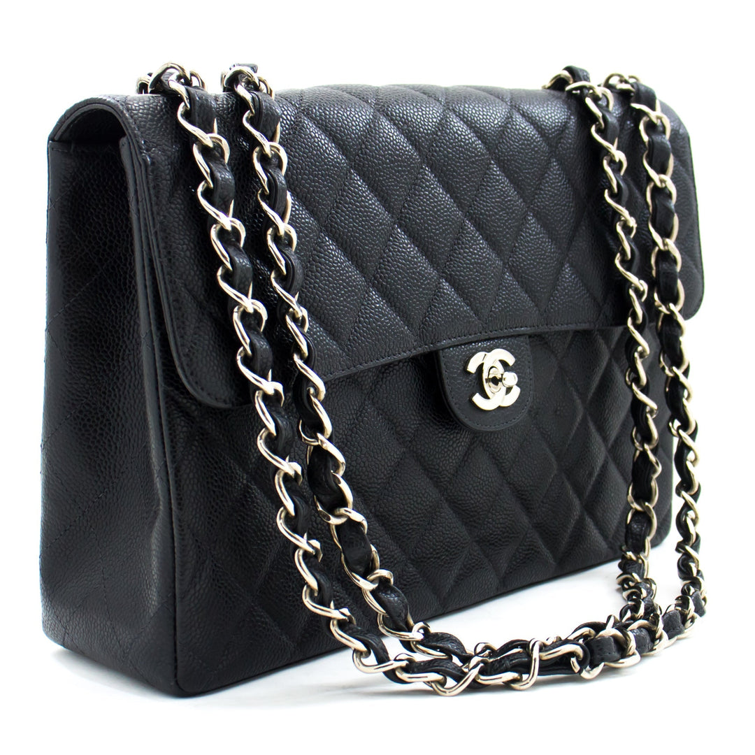 Top Quality Chanel Classic Large 11" Chain Shoulder Bag Black Grained Calfskin