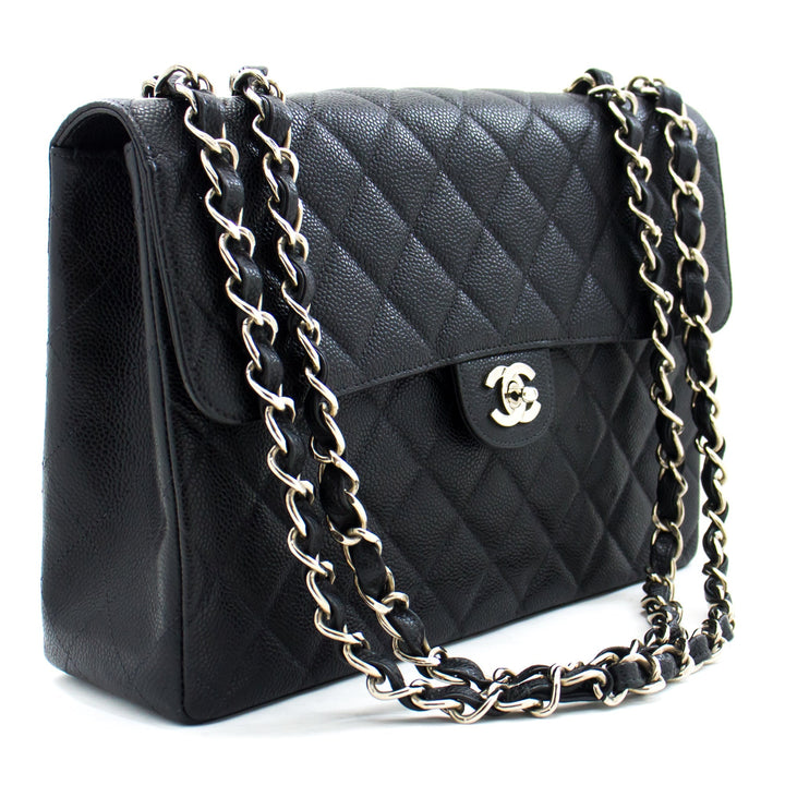Top Quality Chanel Classic Large 11" Chain Shoulder Bag Black Grained Calfskin