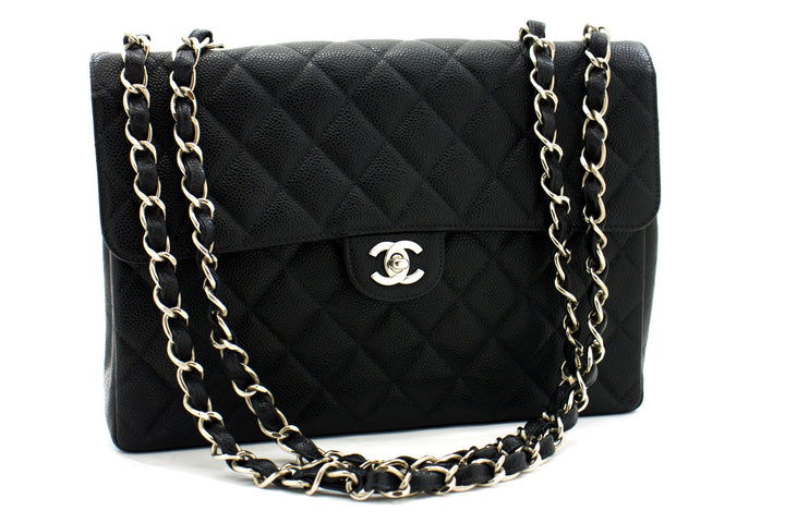 Top Quality Chanel Classic Large 11" Chain Shoulder Bag Black Grained Calfskin