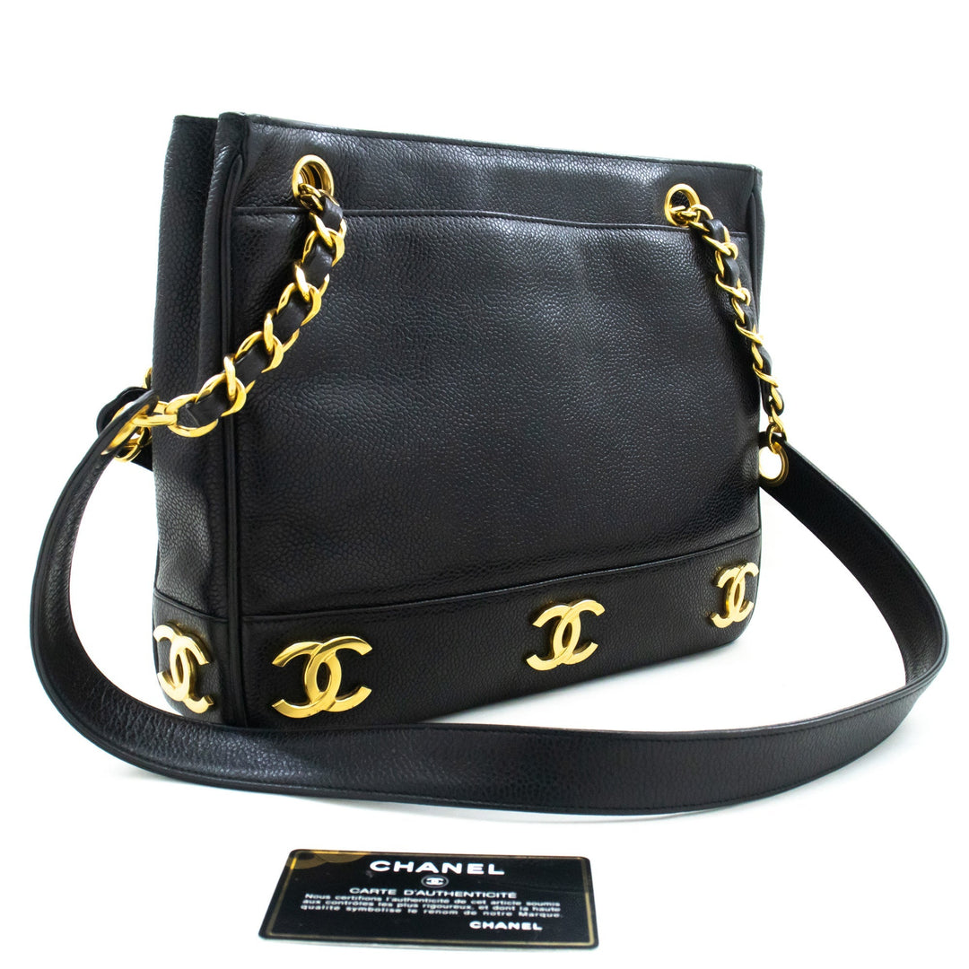 Top Quality Chanel Caviar Triple Coco Chain Shoulder Bag Black Leather Gold