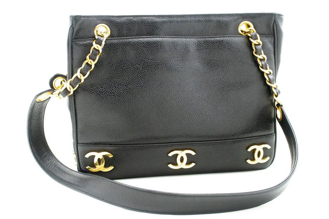 Top Quality Chanel Caviar Triple Coco Chain Shoulder Bag Black Leather Gold