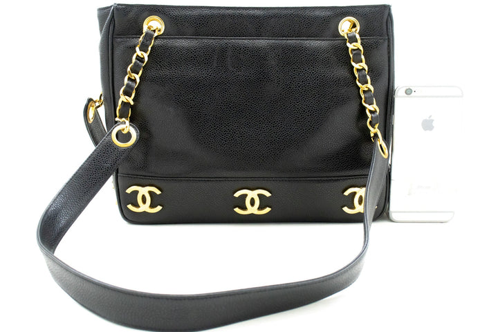 Top Quality Chanel Caviar Triple Coco Chain Shoulder Bag Black Leather Gold