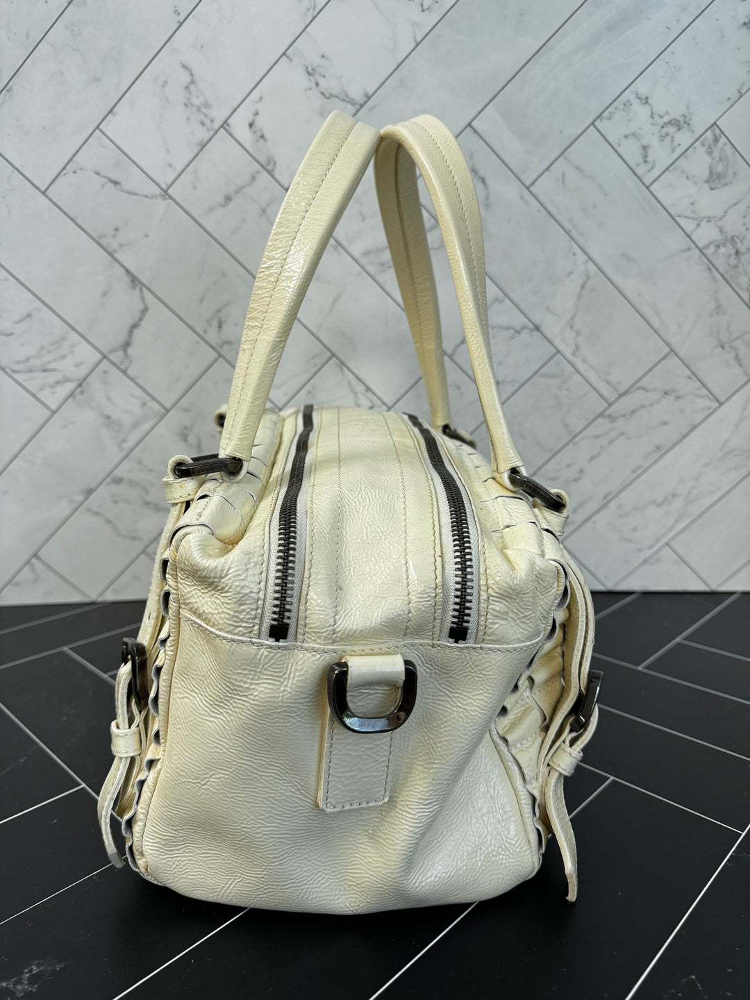 Burberry Prorsum Off White Patent Leather Satchel Large Handbag