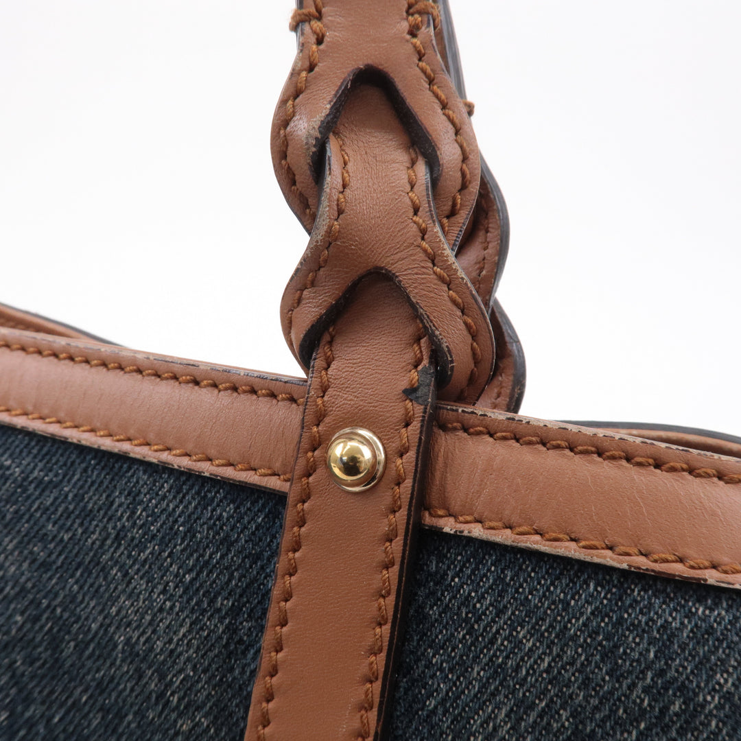 GUCCI Craft Denim Leather Tote Bag Hand Bag Navy Brown 348715