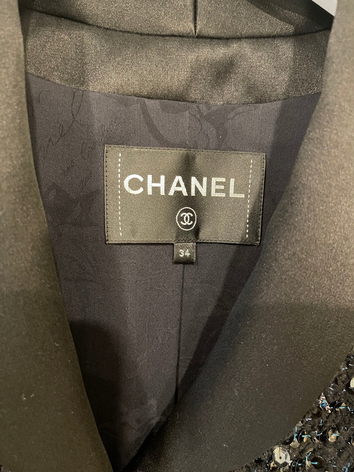 *HOT* Top Quality Chanel Black and Blue Sequin Embellished Jacket with Satin Collar Detail Size FR 34 (UK 6)