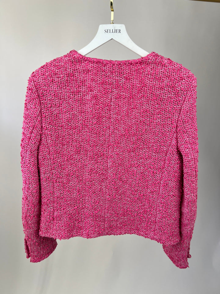 *HOT* Top Quality Chanel 21C Pink Tweed Jacket and Skirt Set with CC Logo Buttons Size FR 42 (UK 14)