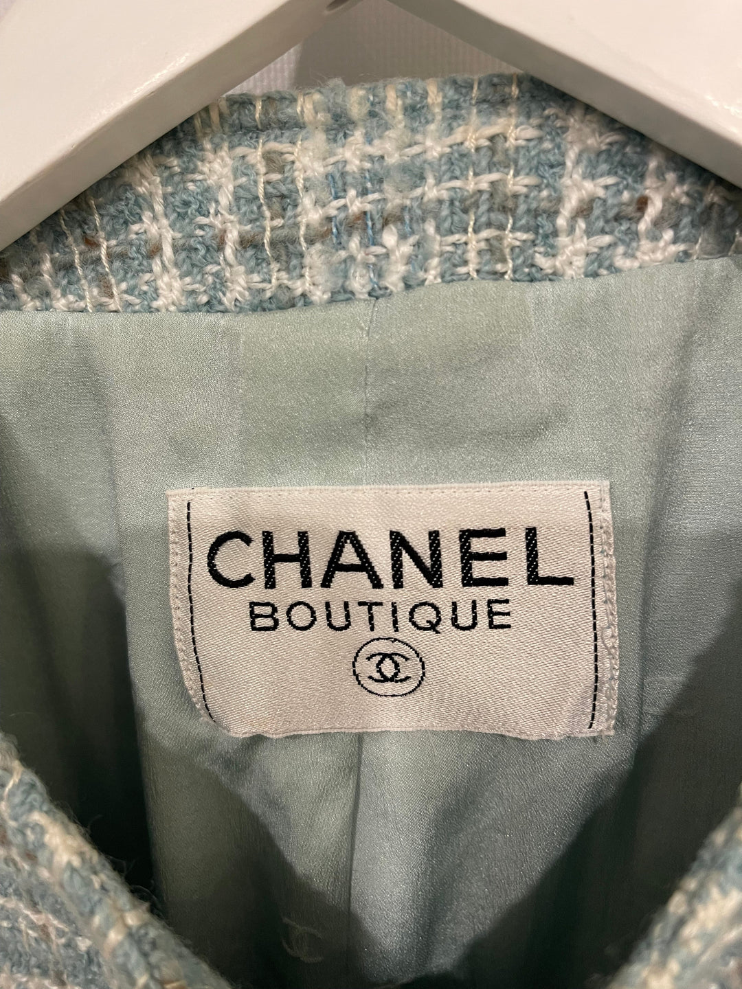 Top Quality Chanel 1997 Vintage Baby Blue, Brown and White Tweed Jacket with CC Button Details Size FR 34 (UK 6)