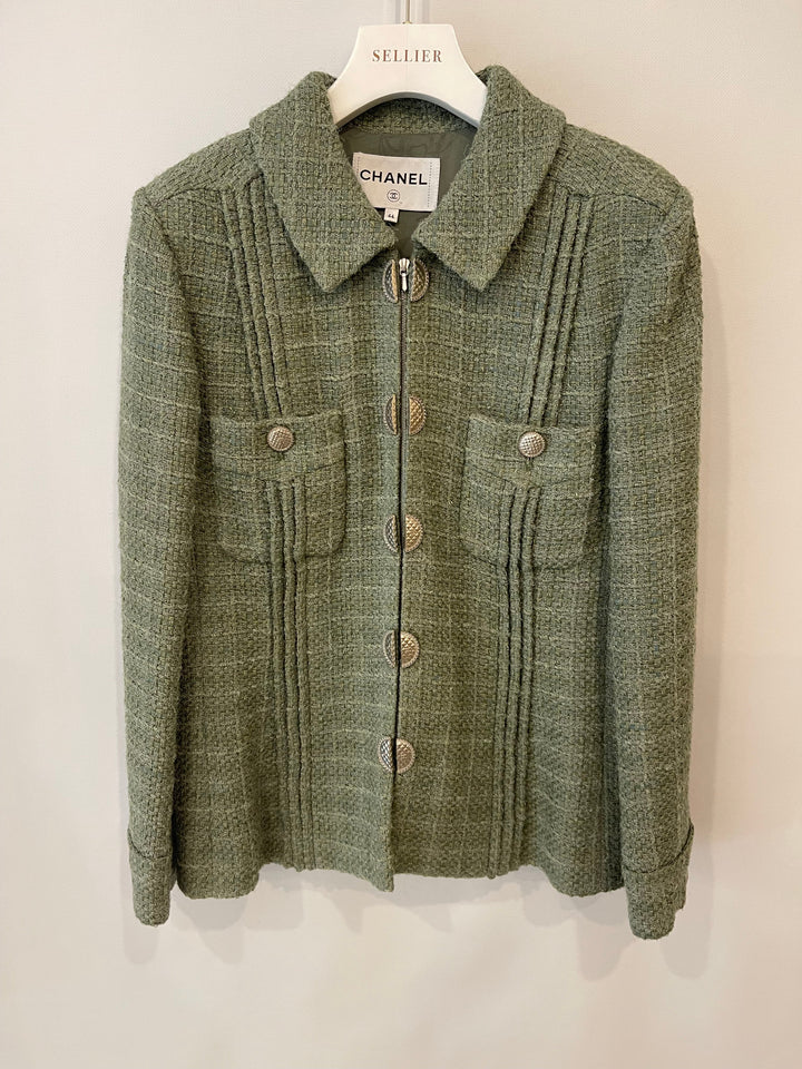 Top Quality Chanel Pistachio Green Tweed Jacket with CC Silver Split Button Detail Size FR 44 (UK 12)
