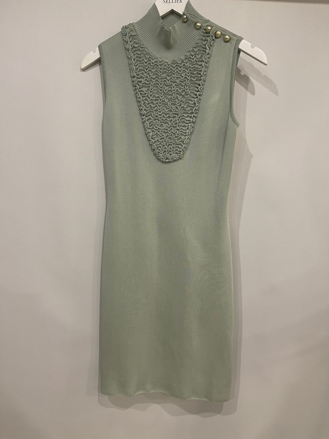 Top Quality Chanel Pastel Green Textured Sleeveless Midi Dress with CC Pearl Button Details Size FR 36 (UK 8)