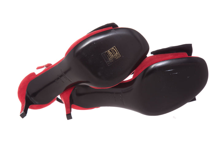 Saint Laurent Red & Black Suede Bow Detail Heels SZ 38