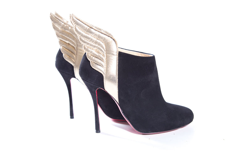 Christian Louboutin Black Suede & Gold Wing Heels SZ 36