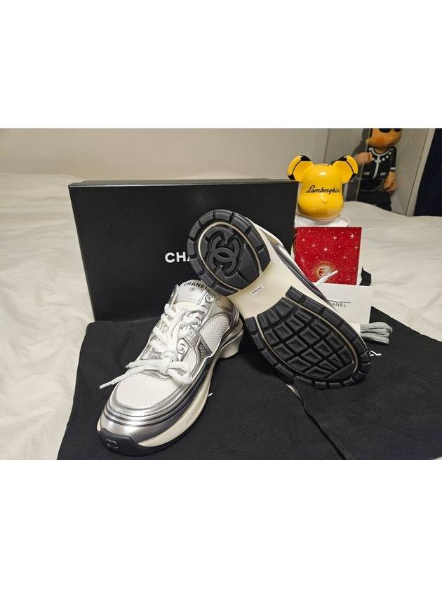 Fabric Laminated Low Top Sneakers Silver Chanel