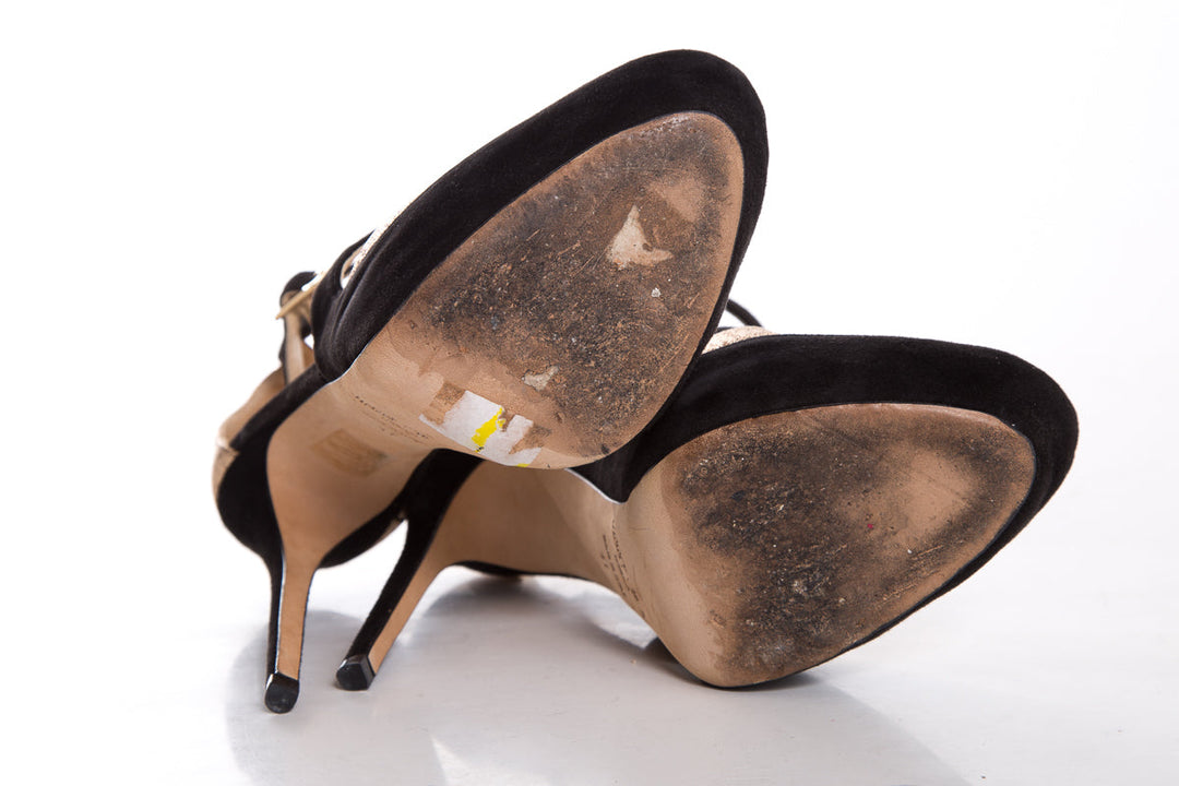 Jimmy Choo Rose Gold Glitter & Black Suede Heels SZ 41