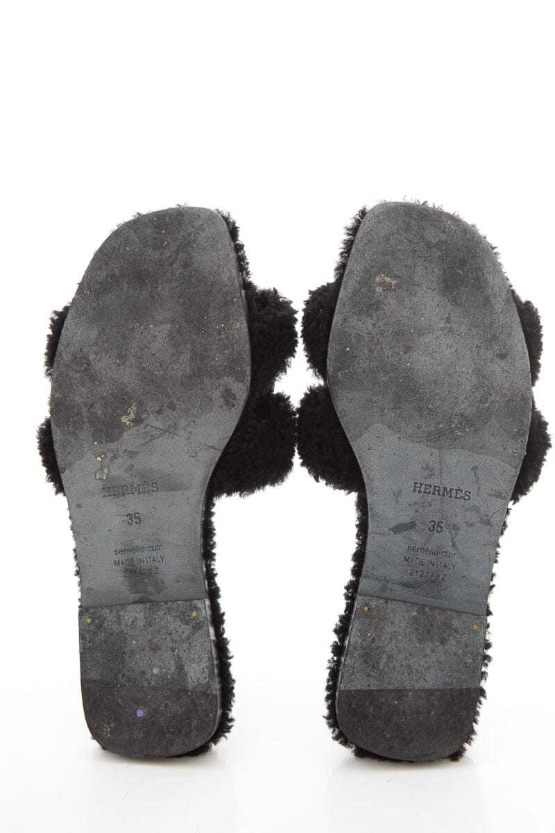 Hermès "Oran" Black Shearling Slides SZ 35