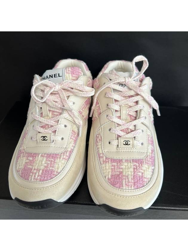 CC Logo Cotton Tweed Suede Calfskin Low Top Sneakers Pink Ecru Chanel