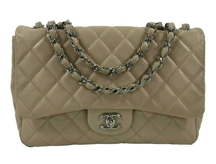 Chanel - Jumbo Lambskin Quilted Single New - Beige / Silver Shoulder Bag