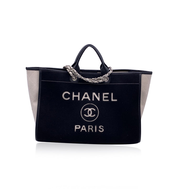 Chanel Black And White Felt Wool Large Deauville Tote Shoulder Bag