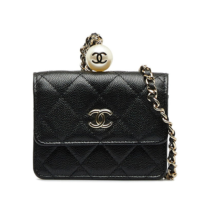 Top Quality Chanel Matrases Cocomark Fake Pearl Chain CoinPars Card Case Black Caviar   CHANEL