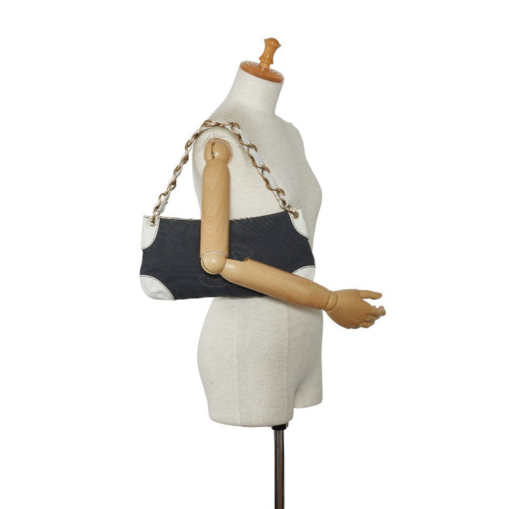 Top Quality Chanel Coco Mark Chain Shoulder Bag Gray White Canvas Leather