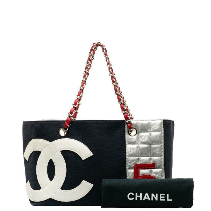Top Quality Chanel No.5 Chain Tote Bag Navy Multicolor Canvas Leather Women's