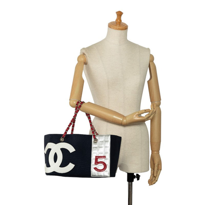 Top Quality Chanel No.5 Chain Tote Bag Navy Multicolor Canvas Leather Women's
