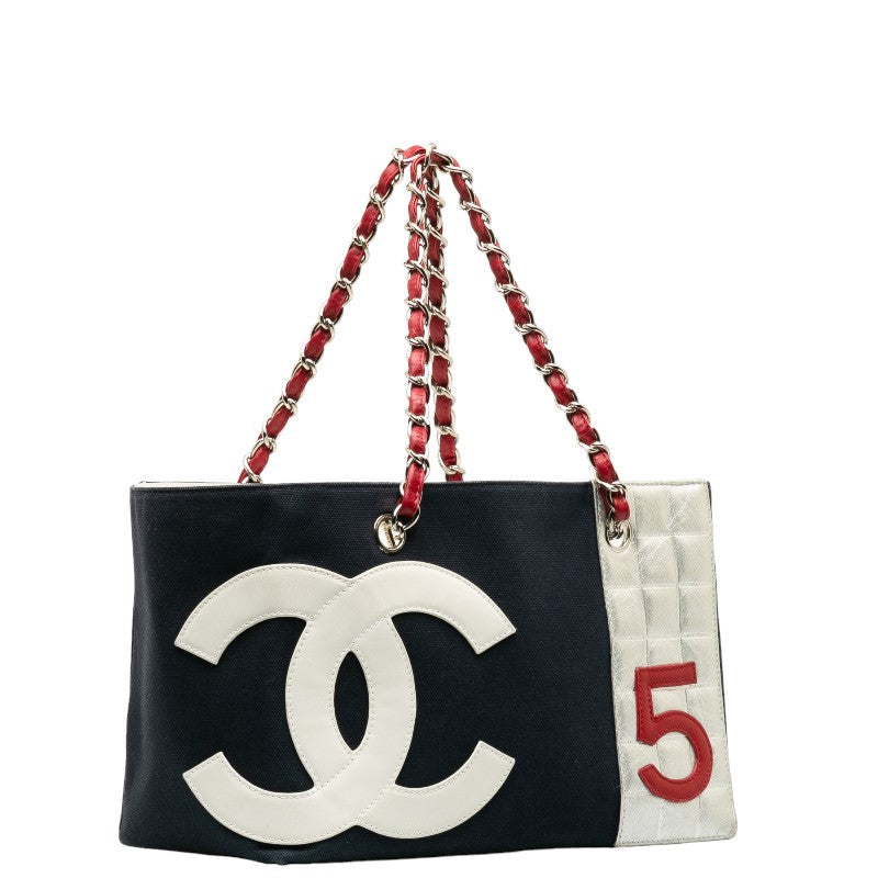 Top Quality Chanel No.5 Chain Tote Bag Navy Multicolor Canvas Leather Women's