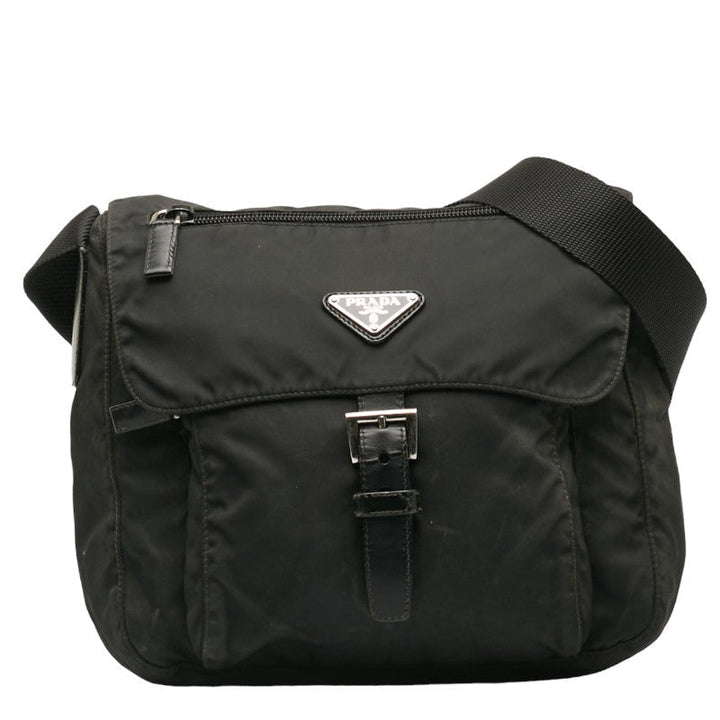 Prada Nylon Leather Shoulder Bag Black