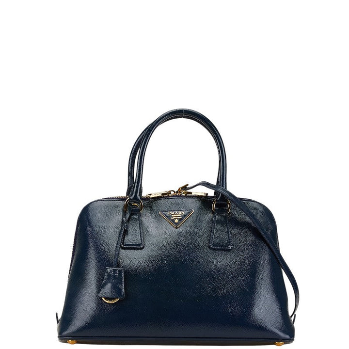 Prada Leather 2WAY Handbag Navy Gold