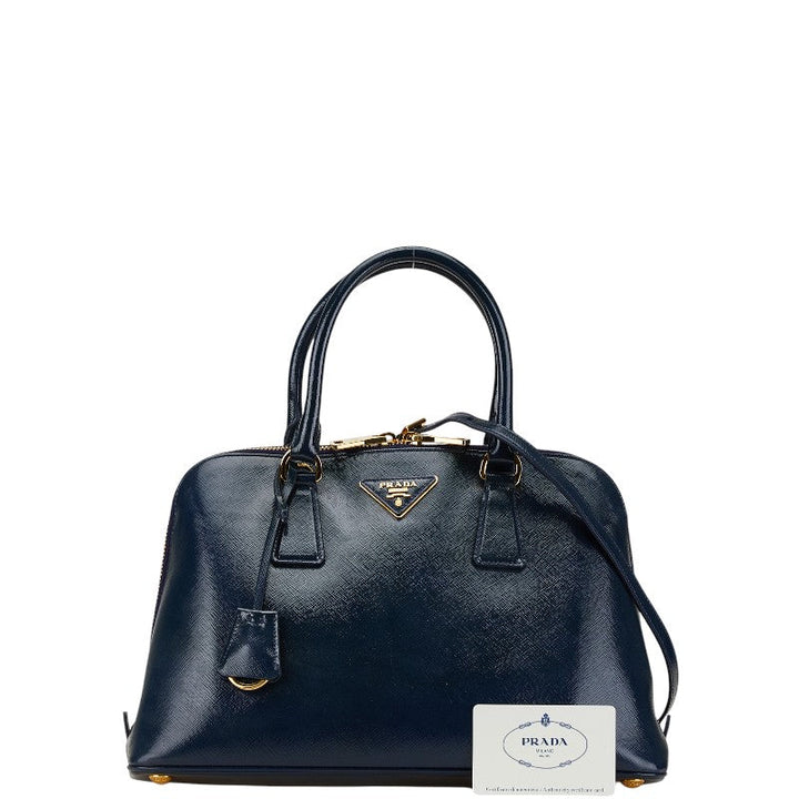 Prada Leather 2WAY Handbag Navy Gold