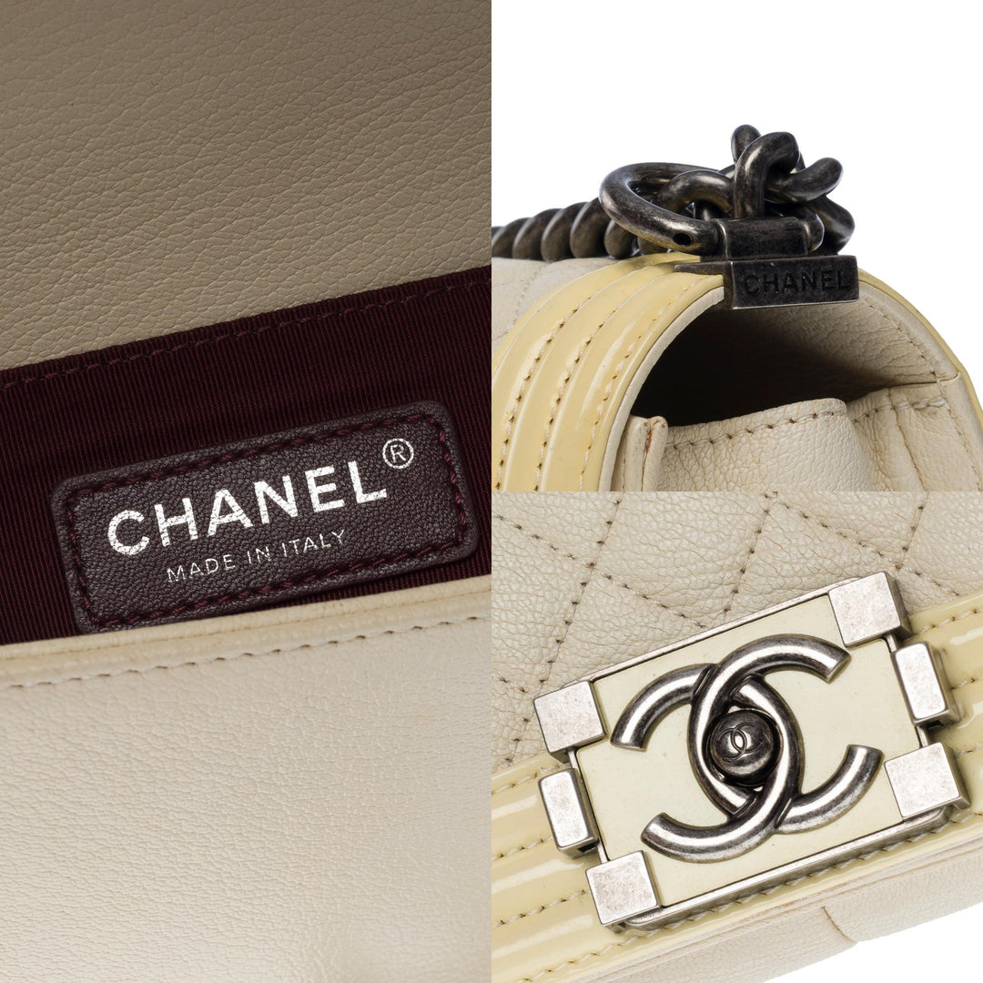 Chanel Boy medium shoulder bag in beige caviar & Yellow patent leather, SHW