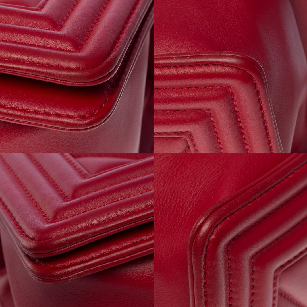 Chanel Boy Old Medium shoulder bag in red quilted herringbone leather, SHW