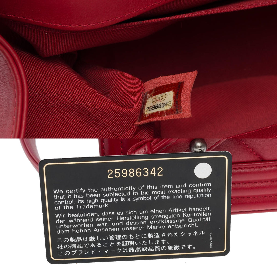 Chanel Boy Old Medium shoulder bag in red quilted herringbone leather, SHW