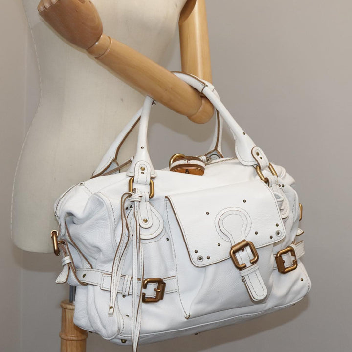 Chloe Paddington Shoulder Bag Leather White Gold Silver 103895