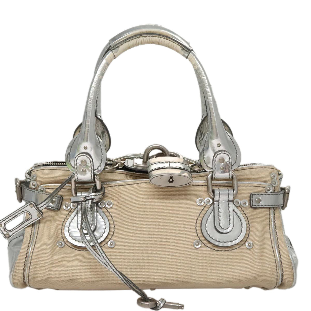Chloe Paddington Hand Bag Canvas Leather Beige Silver 105762