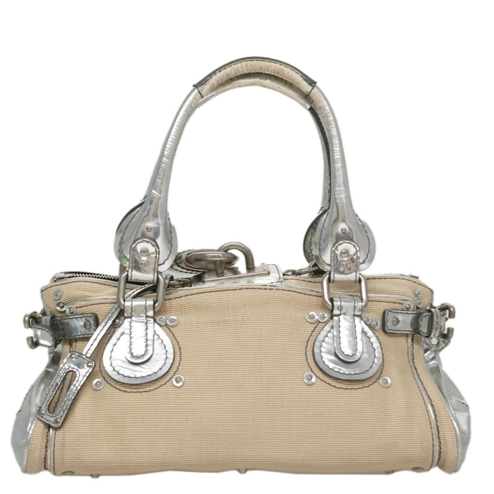 Chloe Paddington Hand Bag Canvas Leather Beige Silver 105762