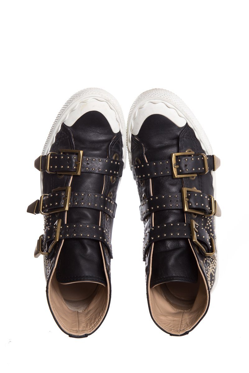 Chloé Black Leather Studded Buckle High-Top Sneakers SZ 37