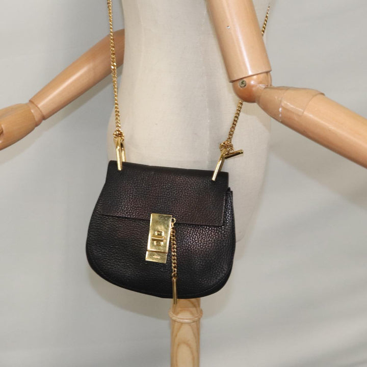 Chloe Chain Shoulder Bag Leather Black Gold 108376